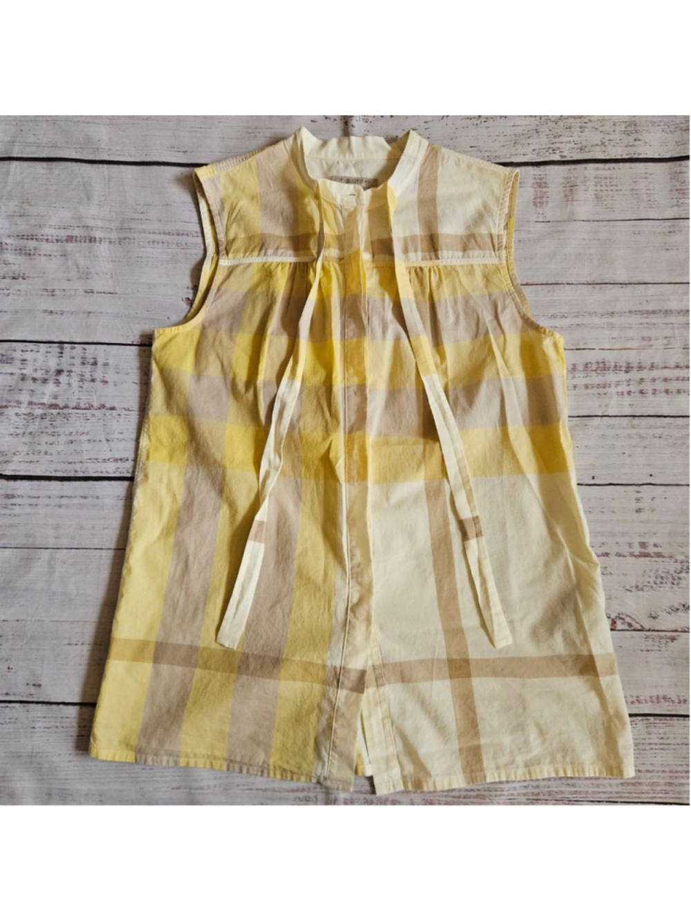 Burberry Brit Yellow Check Sleeveless Button Up Neck Tie Top Womens Small